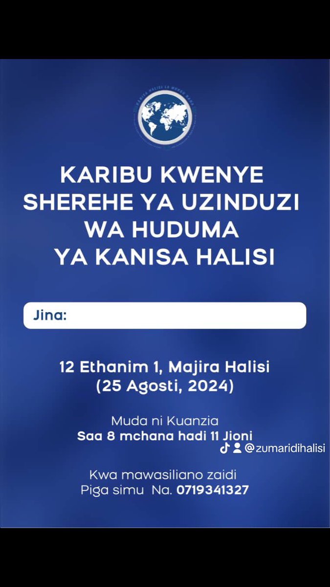 ZumaridiHalisi's tweet photo. USIKOSE USIPITWE NA IBADA HII YA UZINDUZI WA HUDUMA YA KANISA HALISI https://t.co/rSeHluHy57