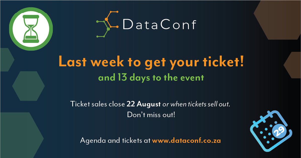 🚨Final chance to join #DataConfZA! Secure your spot today and be part of an incredible event. Tickets selling fast! Sales end 22 August, or when sold out🚀quicket.co.za/events/252855-… 

Agenda: dataconf.co.za/agenda2024.html
#DataScience #DataEngineering #AI #CapeTown #DataCommunity