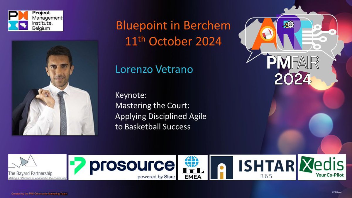 PMIBELGIUM's tweet photo. Join us on Friday, October 11th, 2024 at the PM Fair (BluePoint Venues, Antwerp)
Lorenzo Vetrano: Unlocking Project Success Through Disciplined Agile
Sponsored by: Prosource, The Bayard Partnership, Ishtar365, Xedis, IIL France 
https://t.co/J0yMhRZrpE https://t.co/j5zEYDJZIv