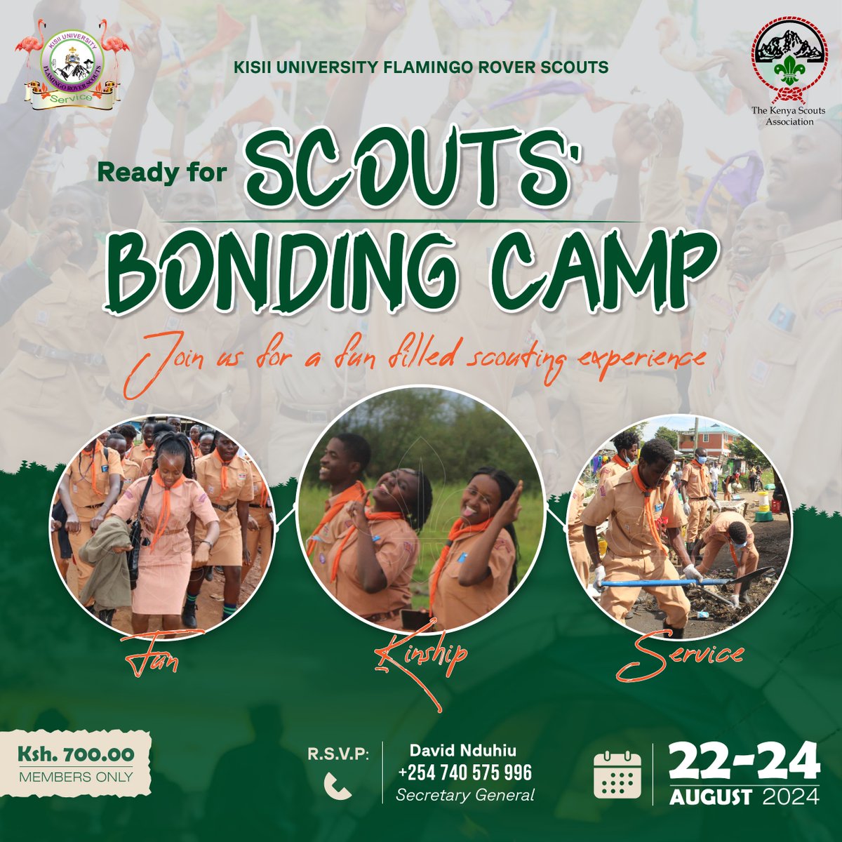 📷Ready for Scouts' Bonding Camp?📷
Join us for an unforgettable scouting experience filled with fun, kinship, and service! Kisii University Flamingo Scouts invite all members to our Scouts' Bonding Camp happening from 22nd to 24th August 2024. #Bonding