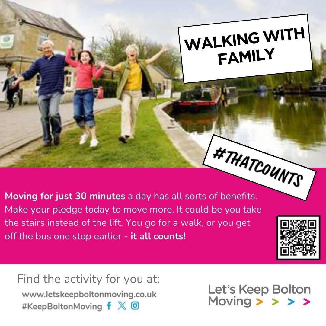 PH_Bolton's tweet image. Just 30 minutes of movement a day can make a huge difference! 🌟 

Whether it’s a walk with the family or taking the stairs, every bit counts. Make your pledge today! 🚶‍♀️ 

#ThatCounts #KeepBoltonMoving
