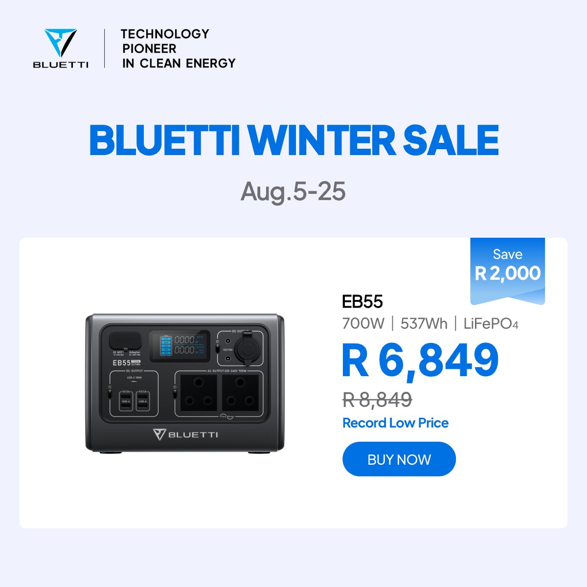 bluetti_za's tweet photo. Get the EB55 with unmatched durability at a steal price! 💥 
Now only R 6,849 (was R 8,849) 😱  

🚀 Save R 2,000 &amp; enjoy 2X BLUETTI Bucks! 

📆 Offer ends Aug. 25!  

#BLUETTI #EB55 #SouthAfrica #WinterDeals #SolarPower #EcoFriendly #PortablePower #AdventureReady https://t.co/5nKuQxCVxv