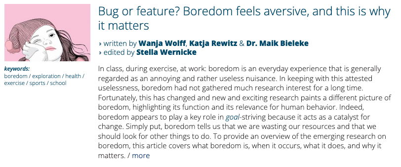 InMindMag's tweet photo. Bug or feature? Boredom feels annoying and aversive, which is why it is important. In our latest article, we explain why boredom is a catalyst for change. https://t.co/96teThLVGJ https://t.co/SF1mhHOJWO