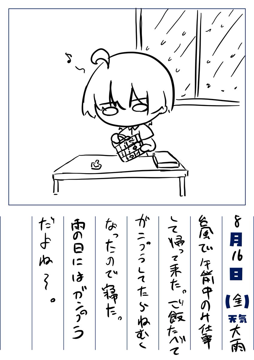 #絵日記
16日目
帰ってから雨が激しくなった、つまらんな…。 