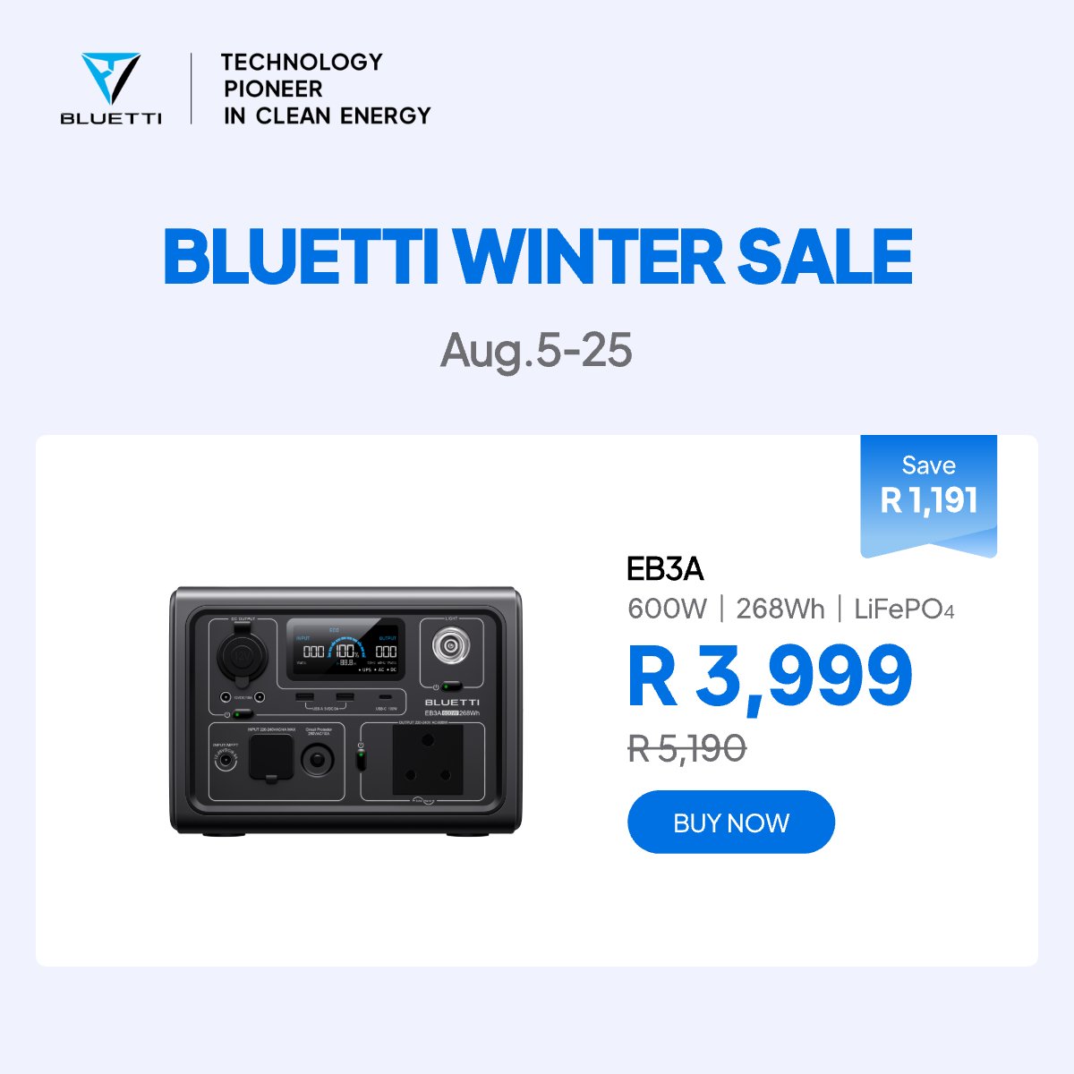 bluetti_za's tweet photo. ⚡️ Power Up &amp; Save Big!  

 Snag the EB3A— reliable, portable power! 💪 

Now R 3,999 (was R 5,190) 🎯  

🔥 Save R 1,191 &amp; get 2X BLUETTI Bucks! 

 Limited time: Aug. 5-25. Don’t miss out! 

#EB3A #PortablePower #SouthAfrica #WinterDeals #EcoFriendly #EnergyOnTheGo #SolarPower https://t.co/wRZmiAa6Yz