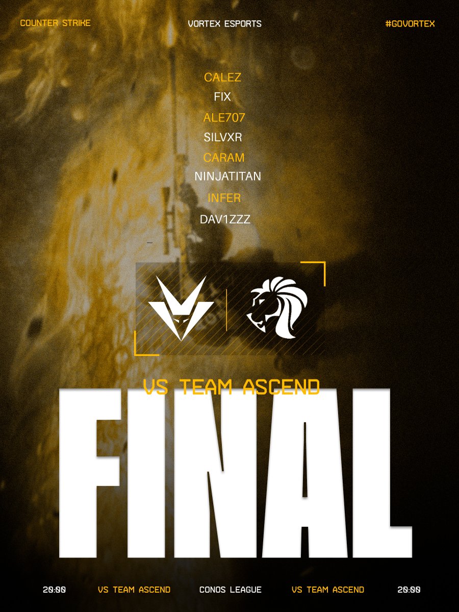 Hoy más que nunca... #GoVortex 🤜🤛

📺 twitch.tv/conosleague
🆚 #TeamAscend
⌚️ 20:00 horas | BO3

Nos enfrentamos al único equipo que fue capaz de ganarnos un mapa en toda la competición 🫡