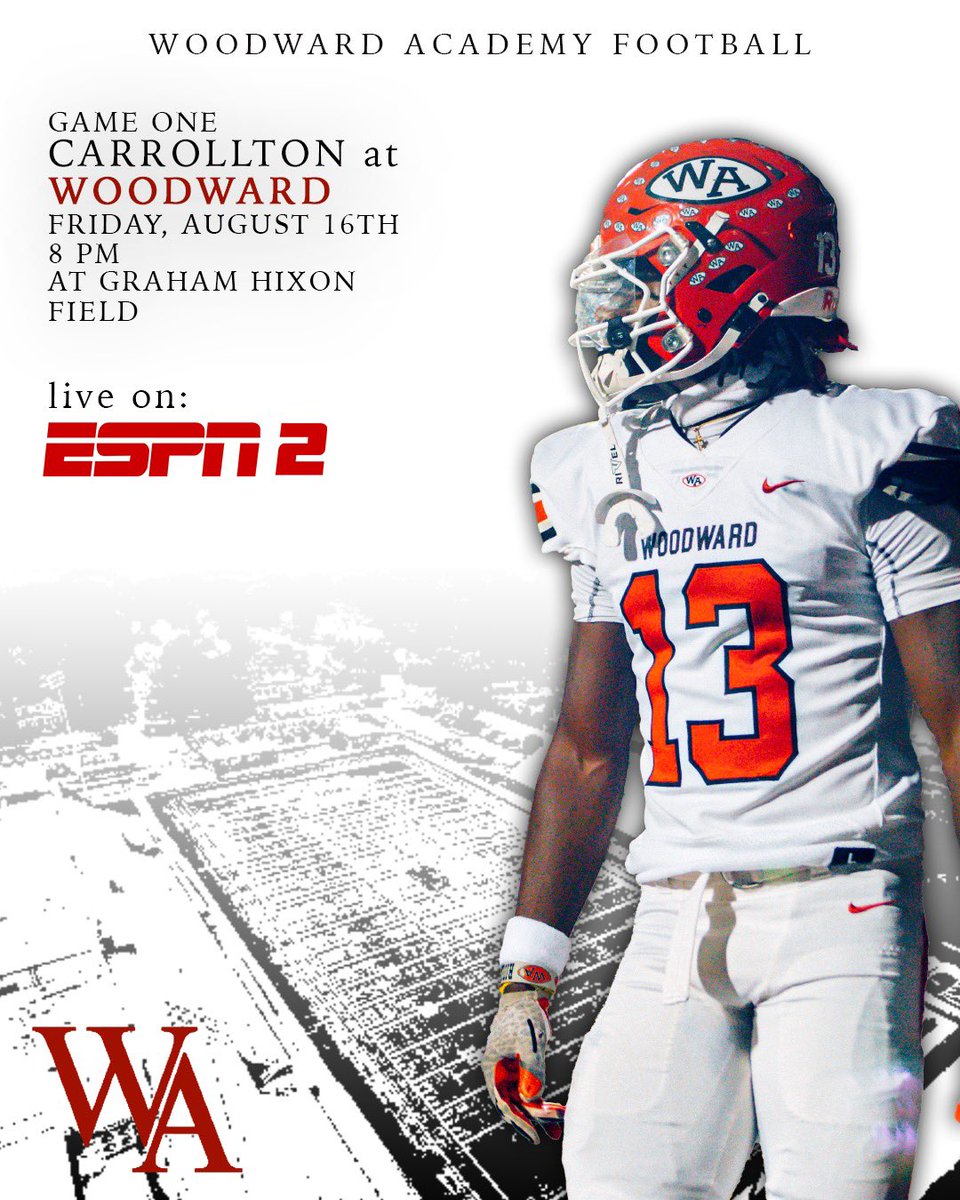 Woodward Academy Football_Georgia (@waacademyfb) on Twitter photo 🏈 <a href="/Carrollton_High/">Trojan Football</a> at <a href="/WAWarEagles/">Woodward Academy Athletics</a>
🏟️ Colquitt Stadium at Graham Hixon Field, College Park, Georgia
⏰ Kickoff 8 PM
🎟️ $10 gofan.co
📺 <a href="/SCNext/">SportsCenter NEXT</a> <a href="/espn/">ESPN</a> 🏈 <a href="/Carrollton_High/">Trojan Football</a> at <a href="/WAWarEagles/">Woodward Academy Athletics</a>
🏟️ Colquitt Stadium at Graham Hixon Field, College Park, Georgia
⏰ Kickoff 8 PM
🎟️ $10 gofan.co
📺 <a href="/SCNext/">SportsCenter NEXT</a> <a href="/espn/">ESPN</a>
