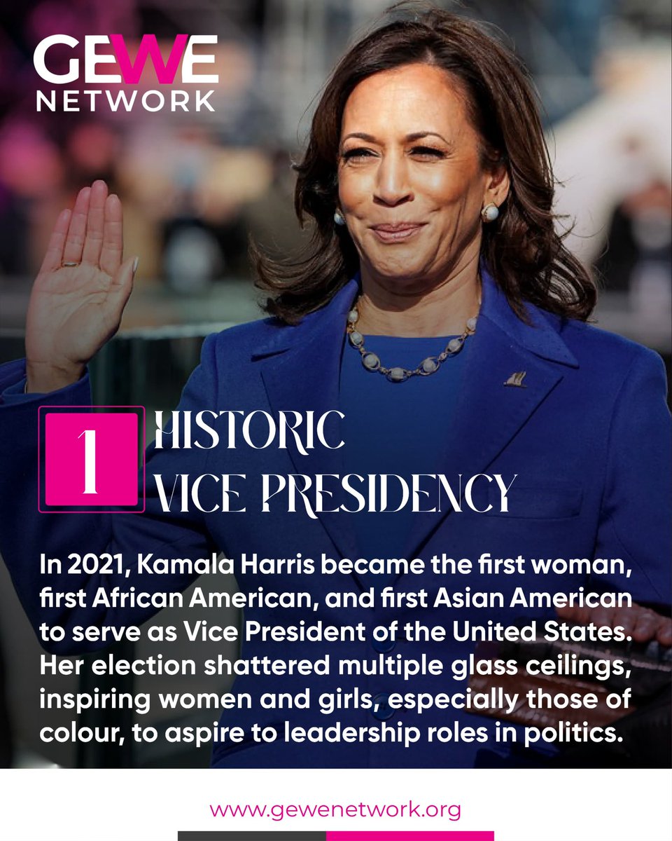 gewe_network's tweet photo. Discover how @VP @KamalaHarris has shattered numerous glass ceilings, inspiring women and #girls to pursue #Leadership roles in politics.

#gewenetwork #womenempowerment #HERStory #genderequality #femaleleadership  #womenleadership #womenatthetable #KamalaHarris https://t.co/BGYBOmJSw5