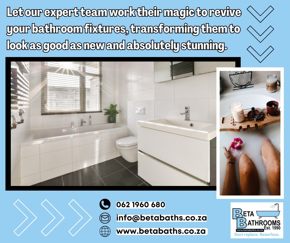 BetaBathrooms's tweet image. Transform your bathroom into an oasis with Beta Baths! 🛁✨ Say farewell to tired surfaces and hello to a rejuvenated space that's more beautiful than ever! Contact us at 0621960680 or info@betabaths.co.za to learn more. #MakeoverMagic #BathroomBliss #RenovateWithUs