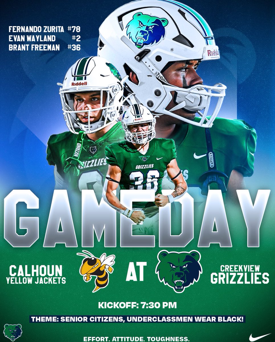 Creekview Grizzly Football (@ftballattheview) on Twitter photo It’s finally GAMEDAY! Come early and celebrate our seniors starting at 6pm. We need a huge crowd tonight!
#EffortAttitudeTOUGHNESS <a href="/CVHSGrizzlies/">CVHS Grizzly Athletics</a> It’s finally GAMEDAY! Come early and celebrate our seniors starting at 6pm. We need a huge crowd tonight!
#EffortAttitudeTOUGHNESS <a href="/CVHSGrizzlies/">CVHS Grizzly Athletics</a>