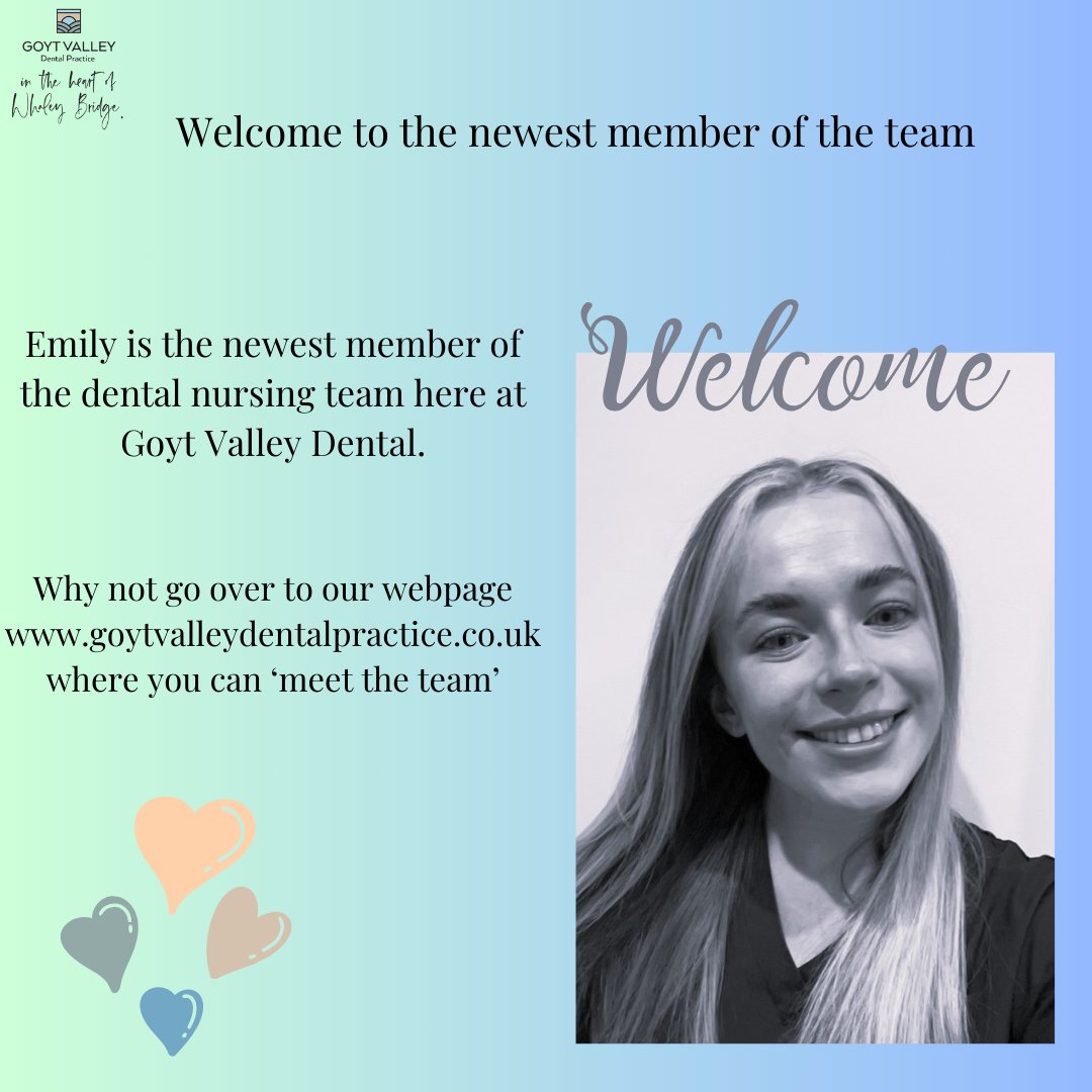 GVDentalWB's tweet photo. Welcome Emily
#goytvalleydentalpractice #whaleybridge #PeakDistrict #localbusiness #localdentist #highpeak #privatedentist #dentalnurse #dentalnursejobs #acceptingnewpatients #invisalignprovider #enlighteningwhitening #airflowgbt https://t.co/h6ziYyBNy6