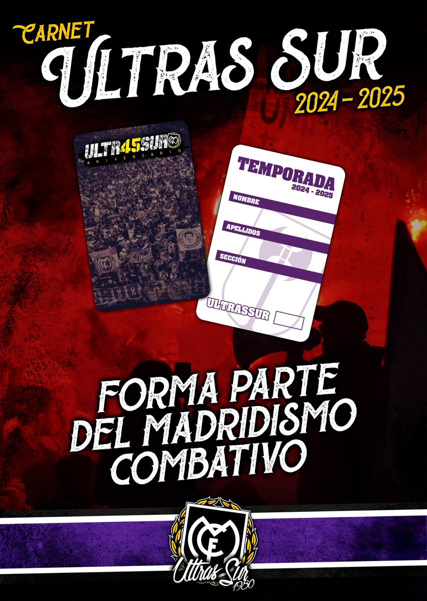¿Te unes al madridismo combativo? 

Ventajas de tener el carnet:

✅Descuentos en material
✅Descuento en todas las actividades que organice el grupo 
✅Acceso a los eventos del 45 aniversario 

Más información en: sociosultrassur@hotmail.com

No dejes que se apague la 🔥