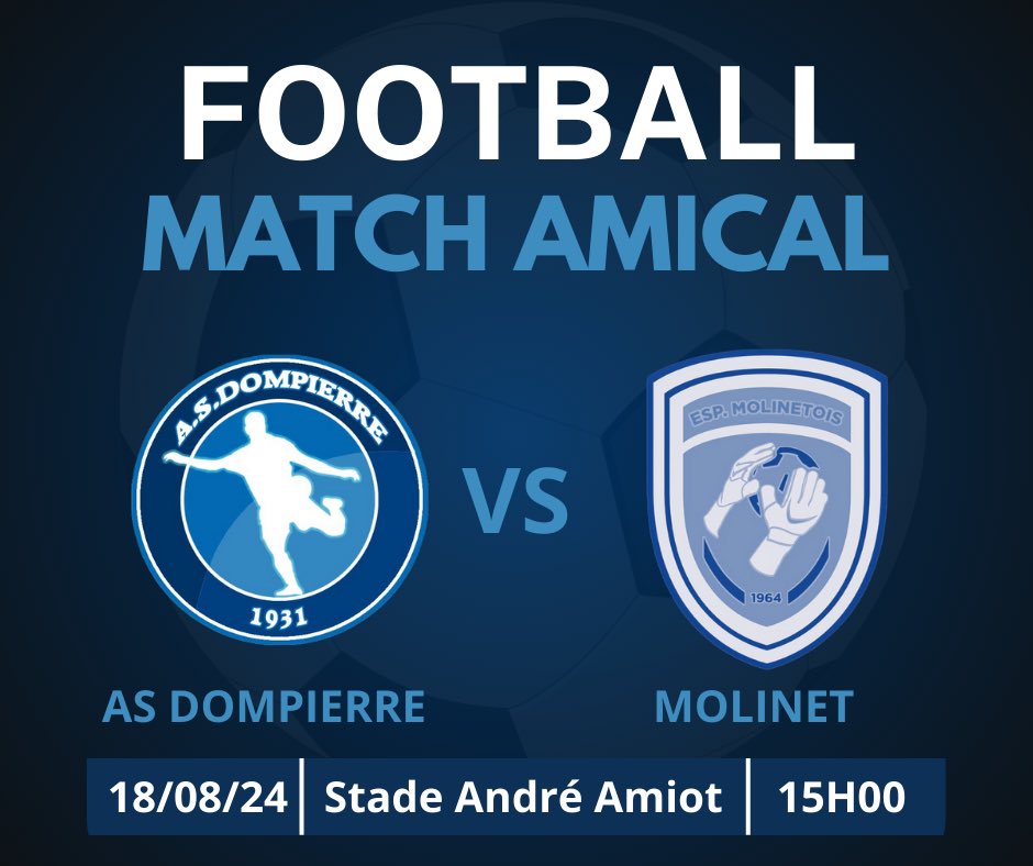 🔵⚪️Deuxième match amical de préparation pour l’ASD ! ⚪️🔵

L’ASD affrontera les joueurs de Molinet, fraîchement promus en D2. Une belle occasion de passer un après-midi sportif en tribune, à l'ombre, autour d'un match de football passionnant ☀️
