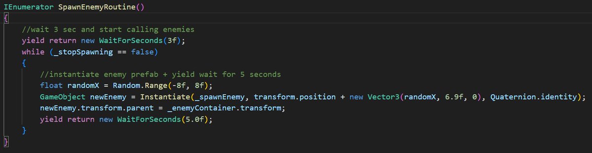 thetrucreative's tweet photo. @hot_girl_spring You could try creating a coroutine with timers to spawn enemies at intervals https://t.co/xouYoadKWk