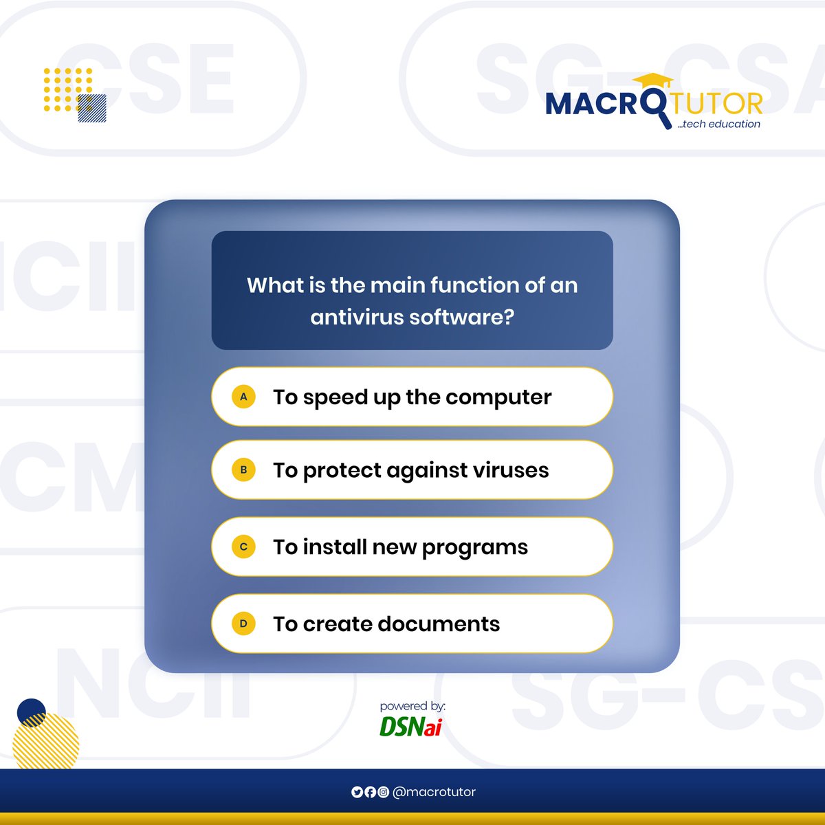 macrotutor_'s tweet photo. Can antivirus software really speed up your computer, or is its main function something else?

Drop your guess in the comments!

#fridaytrivia #techtrivia #learnwithmacrotutor #antivirus https://t.co/7Z0cUULuBd