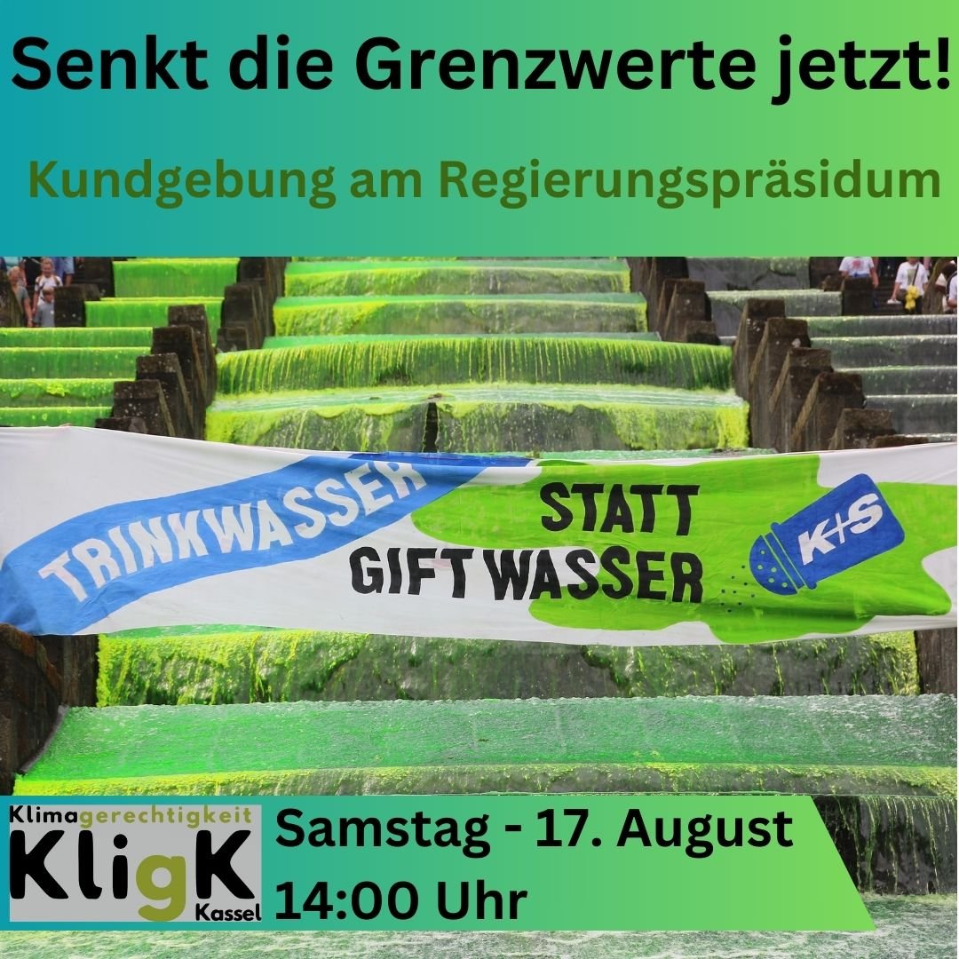 📢Trinkwasser statt Giftwasser - 
Kundgebung vor dem Regierungspräsidium #Kassel (Am alten Stadtschloss 1)
📆Sa 17.8. 
🕗14:00 Uhr 

😠#K+S vergiftet durch die Salzeinleitung #Werra &amp; #Weser. Fischsterben und Trinkwassermangel drohen.
Komm zur Kundgebung morgen 14 Uhr!