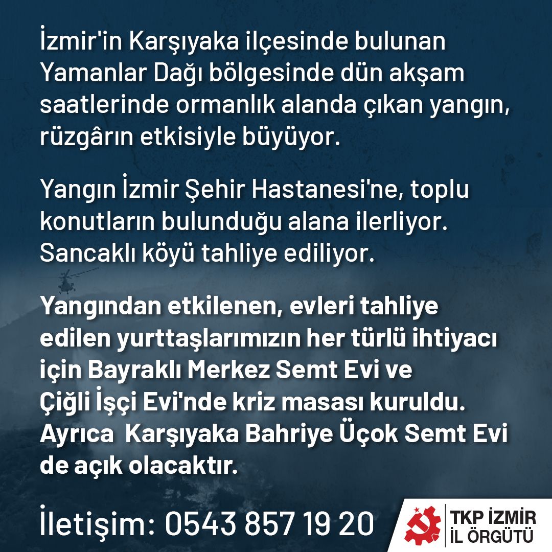 İzmir'in #Karşıyaka ilçesinde bulunan #Yamanlar Dağı bölgesinde dün akşam saatlerinde ormanlık alanda çıkan #yangın, rüzgârın etkisiyle büyüyor. 

Yangın #İzmir Şehir Hastanesi'ne, toplu konutların bulunduğu alana ilerliyor. #Sancaklı köyü tahliye ediliyor. 

Yangından etkilenen,