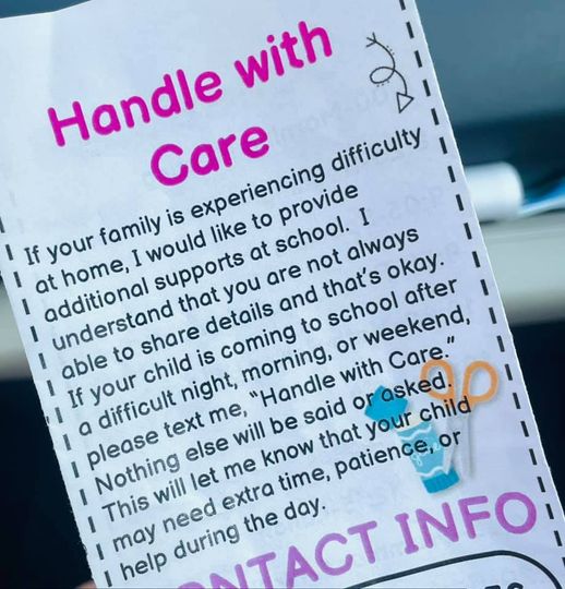 As we head back into another school year, isn't this such a great idea for teachers to put in place. 
If your child is coming to school after a difficult night, please let me know to 'Handle With Care'. This will let me know that your child may need extra time, patience or help.
