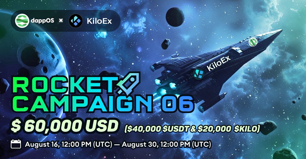 dappOS_com's tweet photo. Another one 🚀 #dappOS teams up with @KiloEx_perp to bring you Rocket Campaign 06. 

Join in from August 16th to August 30th and earn your share of the $60,000 prize pool containing $USDT and $KILO. 

Details: https://t.co/ZlwW1fk12h https://t.co/brpOQWLVXF