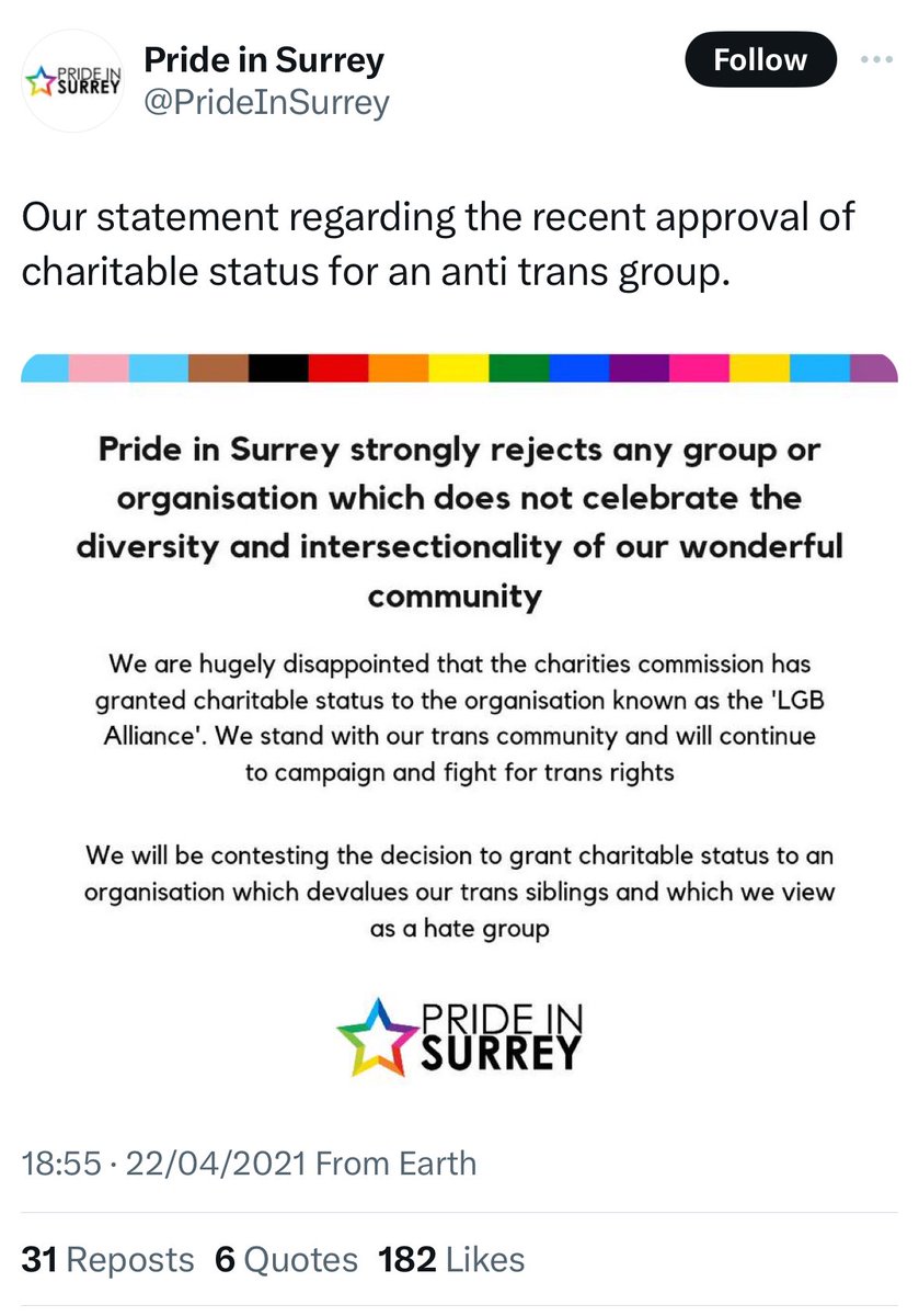 TwisterFilm's tweet photo. The Shame of …Pride in Surrey.
Pride in Surrey are big supporters of Mermaids, a child-harm promoting charity. They hate LGB Alliance, a child protecting charity. The founder now faces multiple child sex abuse charges. They should rename themselves …..Shame in Surrey. https://t.co/bh7ZQiGdYt
