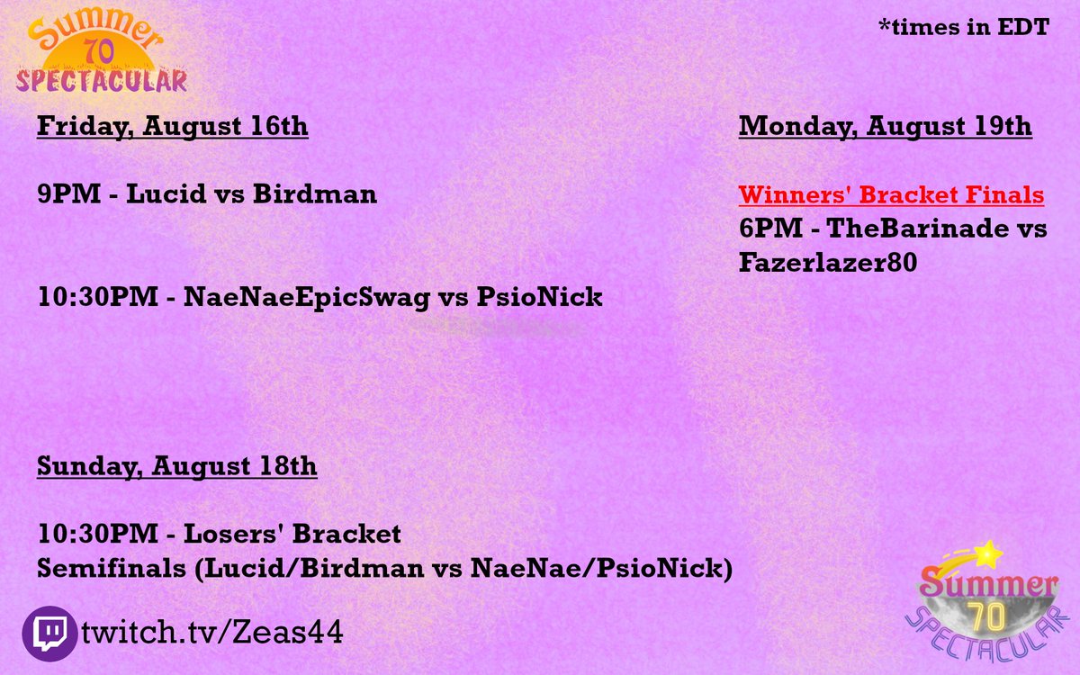 zeas44's tweet photo. It's the penultimate weekend of the Summer 70 Spectacular! We are setting up for an exciting finish with these matches, including the Winners' Bracket Finals on Monday. It all kicks off TONIGHT at 9PM EDT!  

Next weekend will be the Losers' Bracket Finals and the GRAND FINALS! https://t.co/lvwNmIgrsv