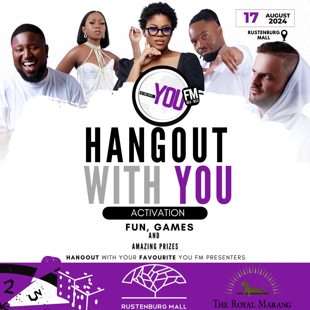 YOUFM898's tweet photo. Tomorrow Kea, @SydneyLetsapa, @themba_bizness, @DJAnkletap, @kgosigadi_B and @DmkGenkoe will be at #RustenburgMall for the ultimate #HangoutWithYOU!
Come and YOU could win courtesy of @royalmarang Rustenburg Food Market and Art Festival, and more!
YOU FM, #InTuneWithYOU. https://t.co/YhzieNzMkH