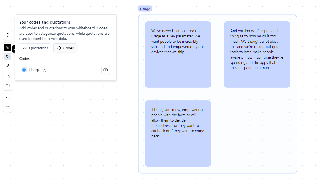 JasperKense's tweet photo. Leapfrog has been updated with #transcripts for #UXR. You can create in-vivo quotes on your interview data and use it in your whiteboard! https://t.co/LL792R5iu1