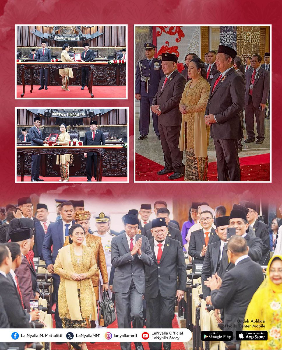 LaNyallaMM1's tweet photo. Dalam pidatonya mengenai Laporan Kinerja Lembaga-Lembaga Negara dan Pidato Kenegaraan dalam rangka HUT Ke-79 RI, Presiden Jokowi sangat menghargai dukungan dan kerja sama seluruh Lembaga Negara dalam menopang lompatan kemajuan Indonesia. 

#lanyalla #dpdri #sidangtahunanmpr https://t.co/FWApQZpBa2
