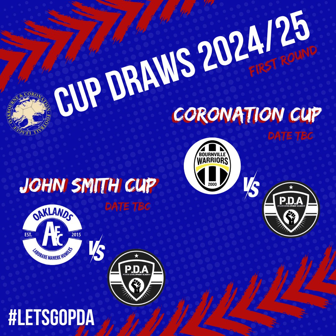 PDA_22's tweet photo. 🚨 Cup Draws 2024/25 - First Round 🚨

🏆John Smith Cup: (Currently the P.D.A Cup🫡)
AFC Oaklands v P.D.A

🏆Coronation Cup:
Bournville Warriors v P.D.A

Dates tbc so follow us to make sure you don't miss any of the action! 💪

#LetsGoPDA #SundayLeague #CupDraw @Oak_Coro_League https://t.co/FieA1swCn9