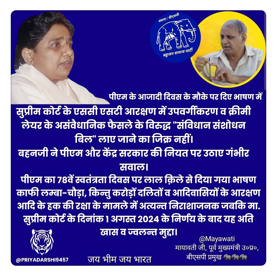 PRIYADARSHI9457's tweet photo. पीएम के स्वतंत्रता दिवस पर दिए गए लम्बे भाषण में एससी-एसटी वर्ग के आरक्षण में उपवर्गीकरण व क्रीमी लेयर के फैसले पर "संविधान संशोधन बिल" का जिक्र नहीं। भाजपा कांग्रेस की चुप्पी में बदनियत।
#BSP #SaveReservation #constitution_amendment #कोलेजियमकलंकहै #StopNFS #endcollegium #SCST https://t.co/cfn8J9767Z