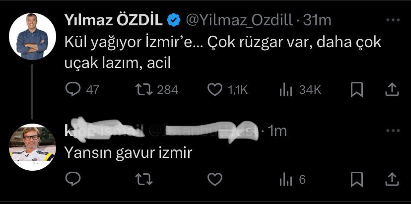#izmir #yangın 
Kendi topraklarından, kendi insanlarından böyle bahsetmek, hele bir felaket sırasında, vatan hainliği değildir de nedir? 
Kendi insanı hariç, çıkarı olan herkesi el üstünde tutan ahlaksız bir güruh olduk. 
Hepimiz yanalım kurtulalım.