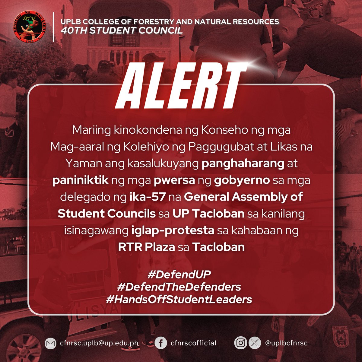 UPLBCFNRSC's tweet photo. ❗𝗔𝗟𝗘𝗥𝗧𝗢 ❗
Mariing kinokondena ng CFNR Student Council ang panghaharang at paniniktik ng mga pwersa ng gobyerno sa mga delegado ng ika-57 na General Assembly of Student Councils sa UP Tacloban sa kanilang isinagawang iglap-protesta sa kahabaan ng RTR Plaza sa Tacloban. https://t.co/rpEspoeUAX