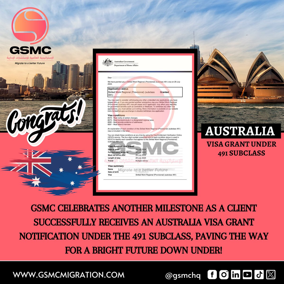 gsmchq's tweet photo. 🌟 GSMC celebrates another milestone as our client successfully receives an Australia Visa Grant Notification under the 491 Subclass! 

📲 WhatsApp: https://t.co/nONhxYdDbY

#AustraliaVisa #491Subclass #GSMC #NewHorizons #ClientSuccess #BrightFuture #AustraliaBound #VisaGrant https://t.co/JvFxxC9SY3
