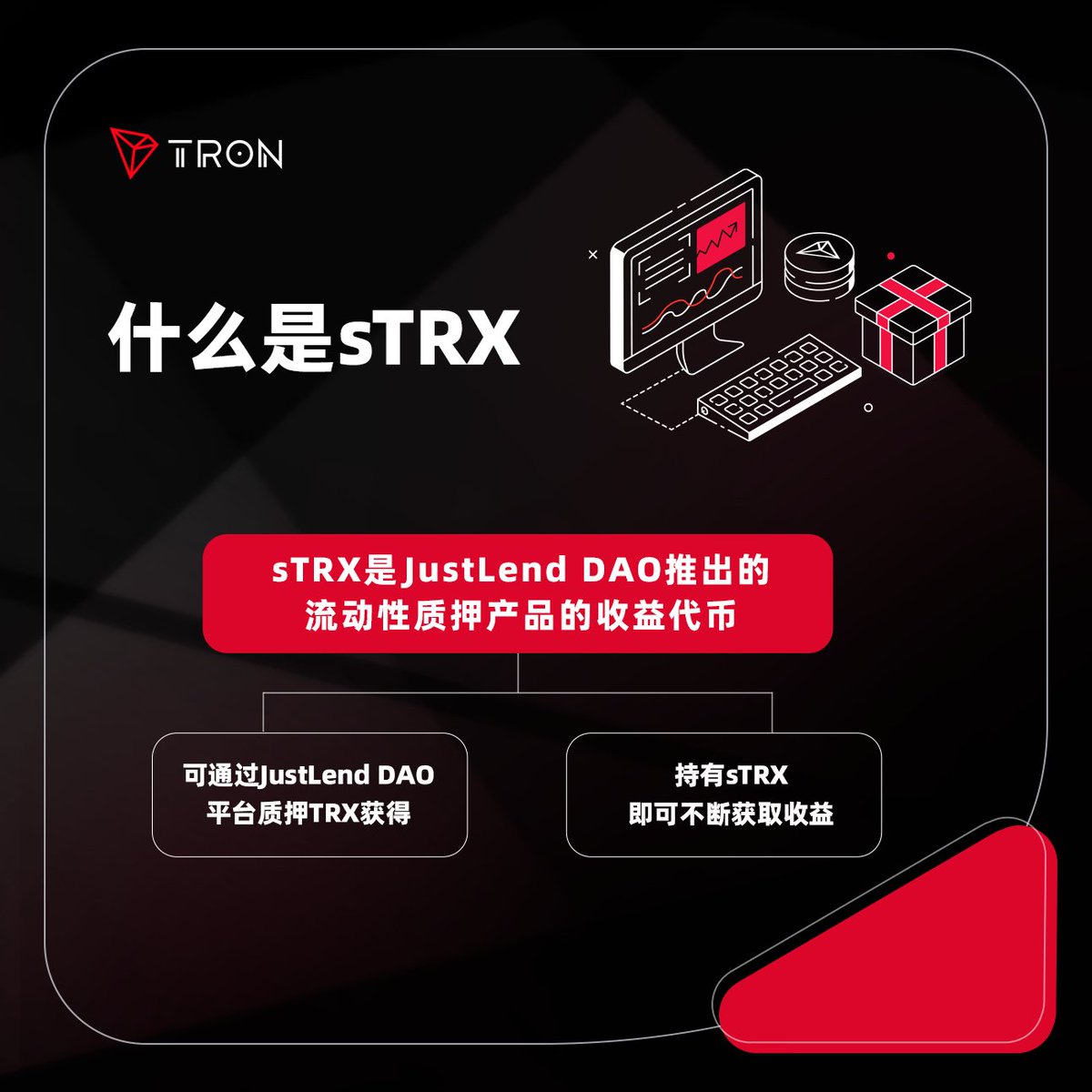 🤔sTRX是JustLend DAO推出的流动性质押产品的收益代币，可通过JustLend DAO平台质押#TRX  获得，持有sTRX可获取投票奖励和能量租赁双重收益。 同时，sTRX有着更高的灵活性，用户可以随时解除质押，将sTRX换回TRX。  即刻探索：https://t.co/bxVqL7oeqI