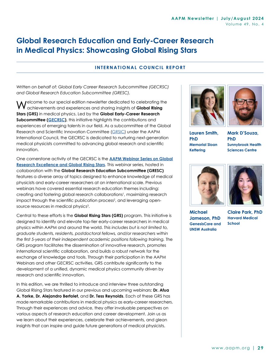 American Association of Physicists in Medicine (@aapmhq) on Twitter photo International Council Report - Global Research Education and Early-Career Research in Medical Physics: Showcasing Global Rising Stars: pp. 29-31. Authors: <a href="/laurenmsmiith/">Lauren Smith, PhD, DABR</a>, <a href="/markdsouza95/">Mark D'souza</a>, <a href="/TheJamo/">Michael Jameson</a>, <a href="/ClaireKSPark/">Claire Park</a>. Welcome to our special edition newsletter… aapm.me/3AAs8oe International Council Report - Global Research Education and Early-Career Research in Medical Physics: Showcasing Global Rising Stars: pp. 29-31. Authors: <a href="/laurenmsmiith/">Lauren Smith, PhD, DABR</a>, <a href="/markdsouza95/">Mark D'souza</a>, <a href="/TheJamo/">Michael Jameson</a>, <a href="/ClaireKSPark/">Claire Park</a>. Welcome to our special edition newsletter… aapm.me/3AAs8oe