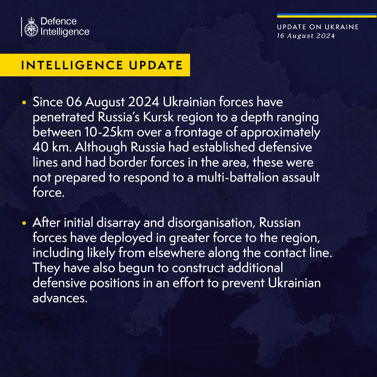 DefenceHQ's tweet photo. Latest Defence Intelligence update on the situation in Ukraine - 16 August 2024.

Find out more about Defence Intelligence's use of language: https://t.co/JgR5kqH67L 

#StandWithUkraine 🇺🇦 https://t.co/NXSNDd7ZI7