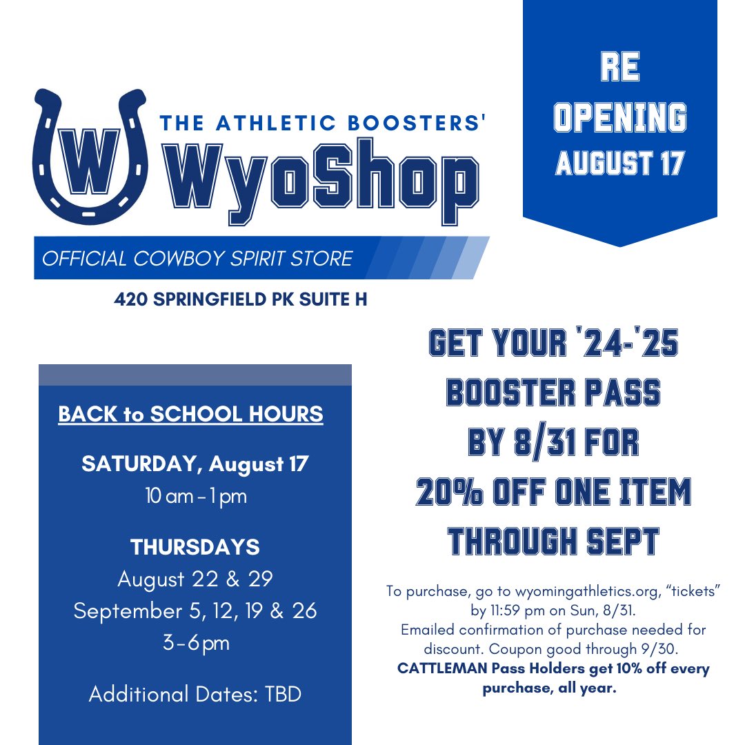 Wyoming Athletic Boosters (@wyoboosters) on Twitter photo Tomorrow, student athletes will be walking around asking for your support! Get your booster pass before 8/31 & get 20% off 1 item @ WyoShop through Sept!
Better yet, become a Cattleman for ALL the perks! <a href="/WyomingSports/">Wyoming Athletics</a> Tomorrow, student athletes will be walking around asking for your support! Get your booster pass before 8/31 & get 20% off 1 item @ WyoShop through Sept!
Better yet, become a Cattleman for ALL the perks! <a href="/WyomingSports/">Wyoming Athletics</a>