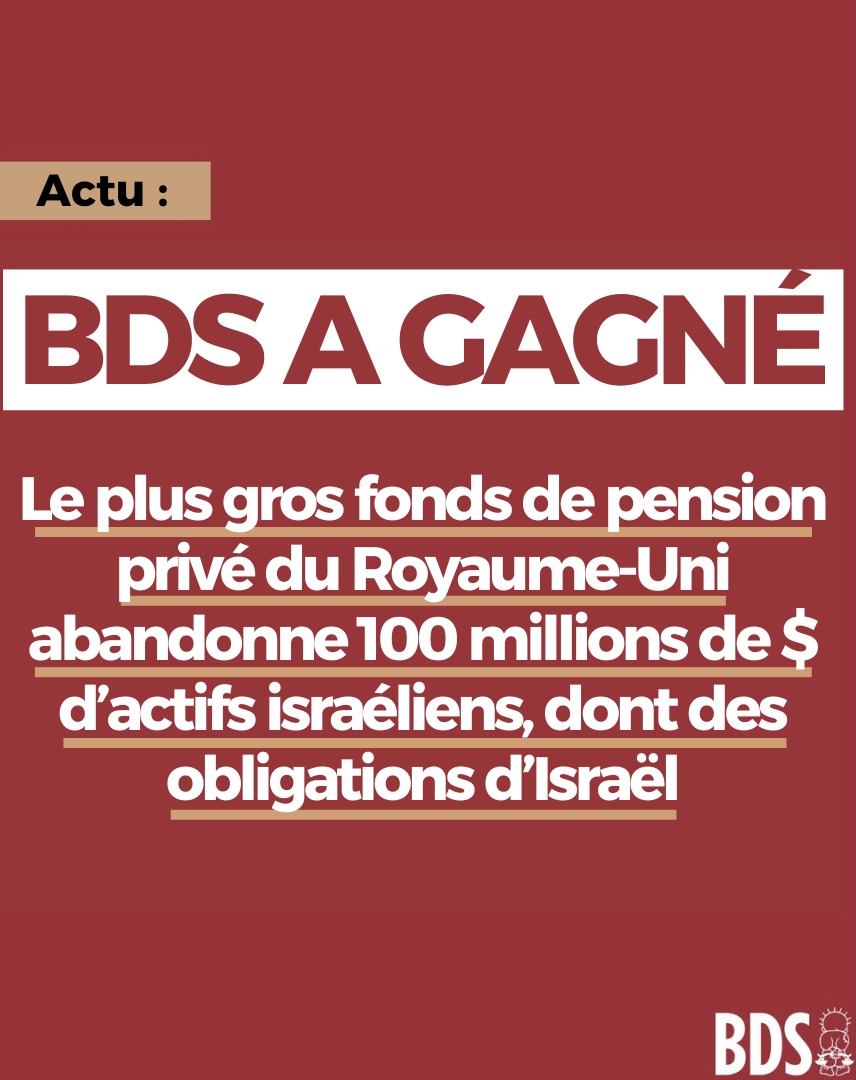 Le #BDS marche ! USS, le plus gros fonds de pension privé du Royaume-Uni, a abandonné plus de 100 millions de $ d’obligations israéliennes, répondant à la pression soutenue de ses membres.
#ShutDownNation