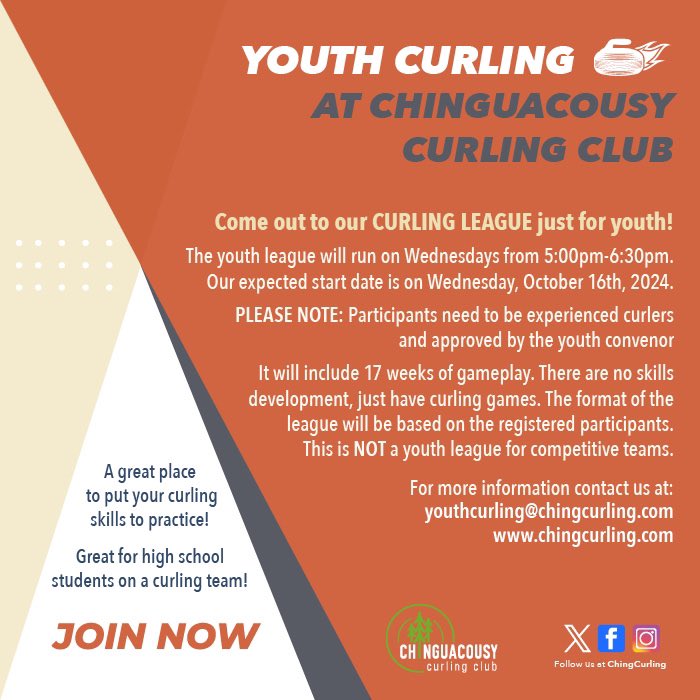 Are you an experienced youth #curler looking for more time on the ice playing games? Come join our youth curling league - gameplay only every Wednesday 5:00-6:30 pm. Contact us for more info or register now on our website.  #fun #brampton #inclusive #youthcurling #active
