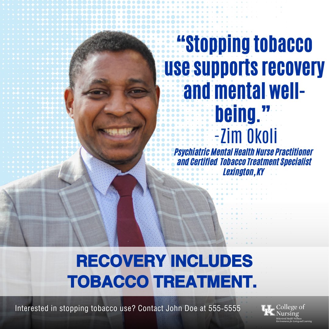 UKBHWELL's tweet image. "Stopping tobacco use supports recovery and mental well-being."  Zim Okoli, Psychiatric Mental Health Nurse Practitioner and Certified Tobacco Treatment Specialist from Lexington KY

To learn more about this and other tobacco treatment ads, visit: bhwell.uky.edu/programs/tobac…

#CTTS