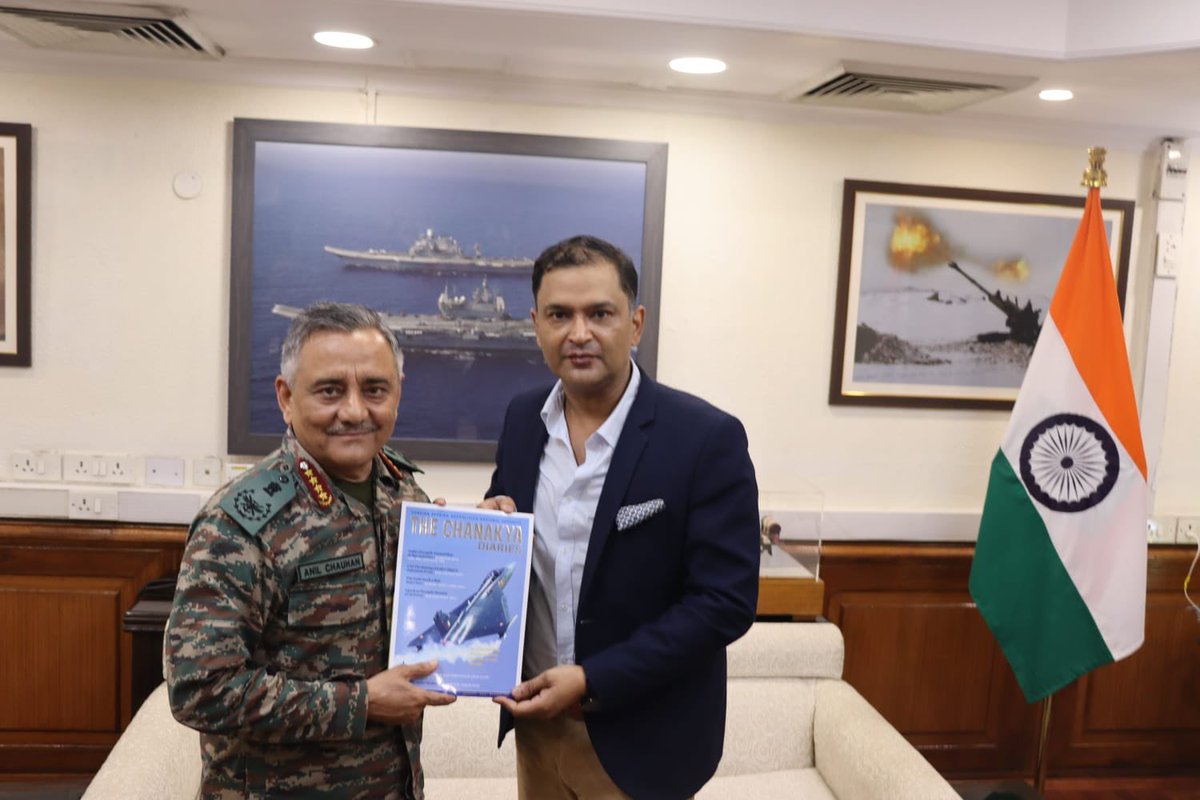 majorgauravarya's tweet photo. Honoured and privileged to present the inaugural edition of our magazine THE CHANAKYA DIARIES to Gen. Anil Chauhan, CDS. 

THE CHANAKYA DIARIES is a premium magazine on Foreign Affairs, Geopolitics and National Security. https://t.co/LKSF1hoIWg