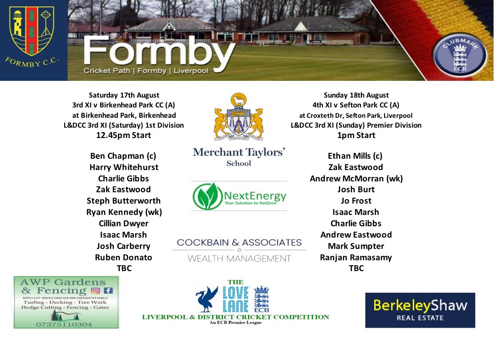 Also on Saturday the 3rd XI start their bid to gain promotion with their first fixture in the promotion playoffs with a trip to <a href="/bpcc1846/">Birkenhead Park CC</a> 

Then, on Sunday the 4’s make the journey to <a href="/seftonparkcc/">Sefton Park CC</a> looking to stay in the top 4. 

Best of luck! 🤞