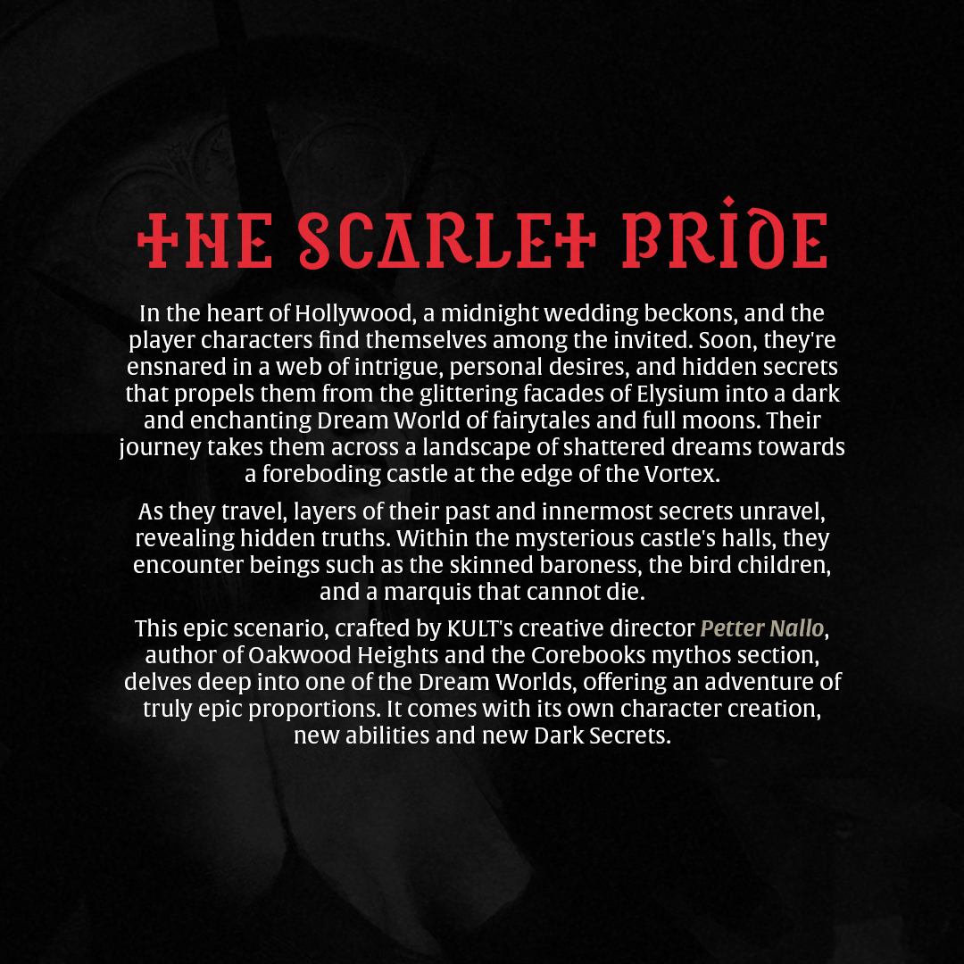 The Scarlet Bride and Other Tales is a scenario collection with five newly written scenarios. The cover art was made by the master Bastien Lecouffe Deharme. Below is a bit more information about the scenarios.