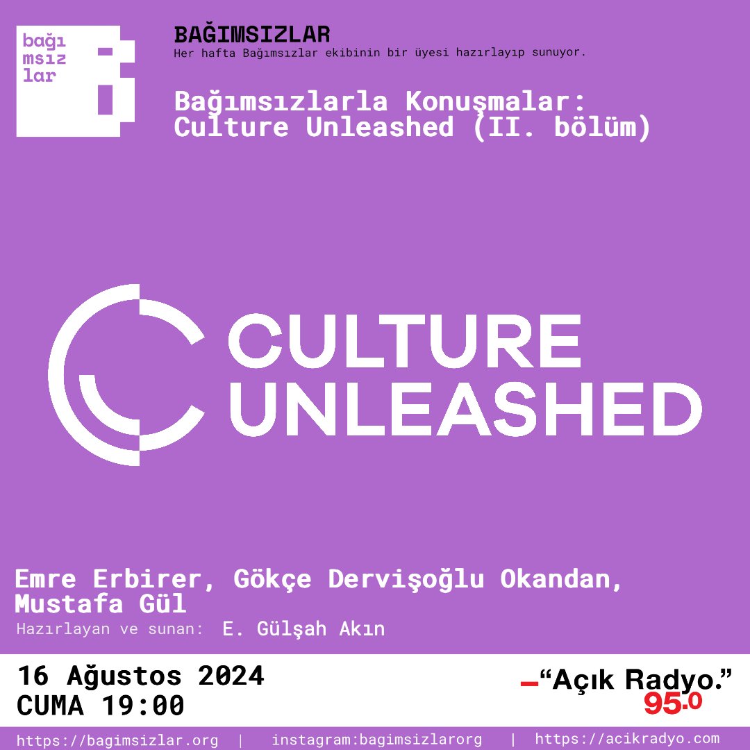Geçen hafta Culture Unleashed ekibi ile başladığımız sohbete bu hafta devam ediyoruz. <a href="/emreerbirer/">Emre Erbirer</a> , Gökçe Dervişoğlu Okandan ve Mustafa Gül’ün bir araya gelerek oluşturduğu Culture Unleashed ile kültür ve yaratıcı endüstriler olarak da bilinen alanlar üzerine konuşuyoruz.