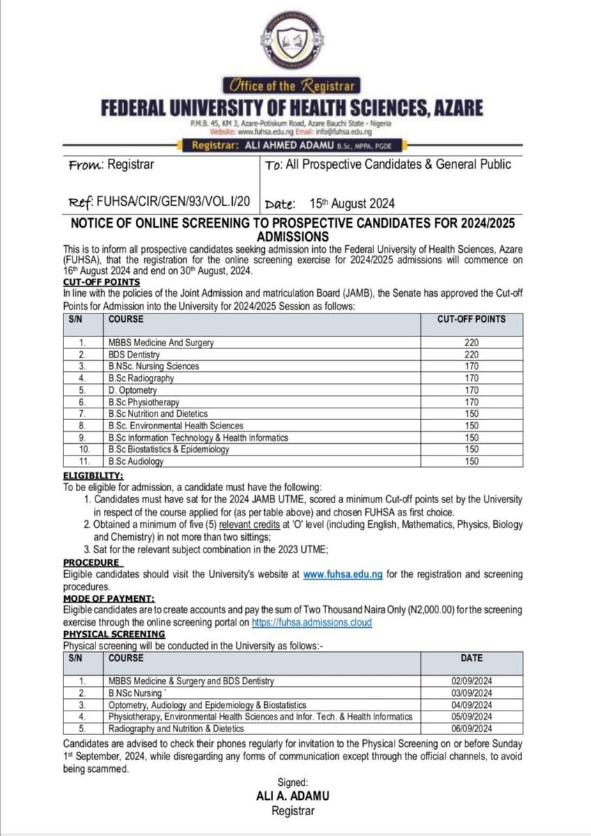This is to inform the general public that  Federal University of Health Sciences, Azare (FUHSA) 2024/2025 POST-UTME Registration has commenced. 

🗓 *Registration Deadline:* 30th August 2024

<a href="/FuhsaNigeria/">Federal University of Health Sciences, Azare</a>