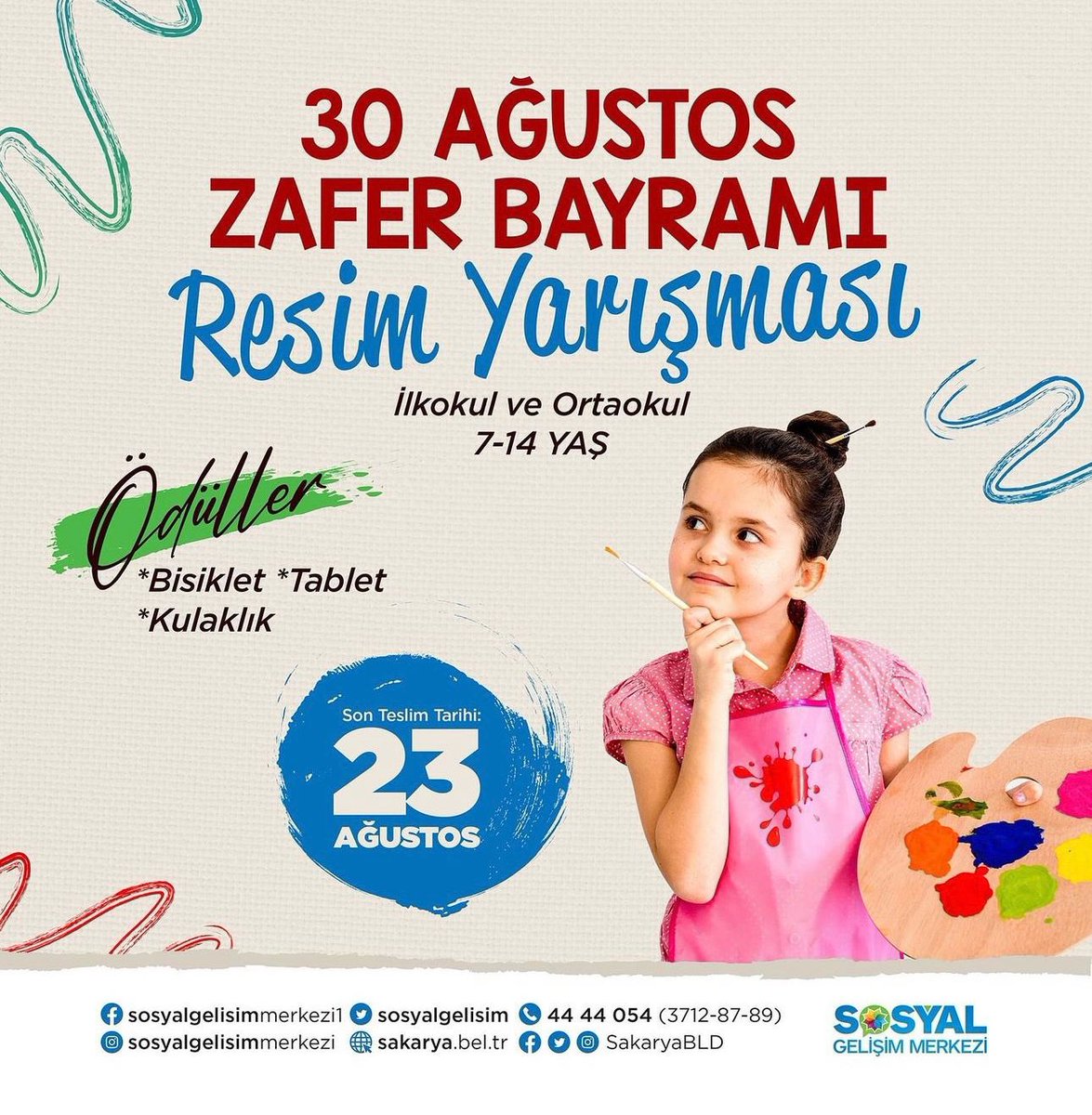 Yetenekli çocuklarımız 30 Ağustos Zafer Bayramı'nda büyük zaferi sanatlarıyla ifade edecek🤩🎨

Başvurular 19-23 Ağustos tarihleri arasında gerçekleştirilecektir. 

Yaratıcılığınızı bekliyoruz! 🌟

Detaylar ve başvuru için: 444 40 54 (Dahili 3712/3787/3783)

<a href="/Sakaryabld/">Sakarya Büyükşehir Belediyesi</a>