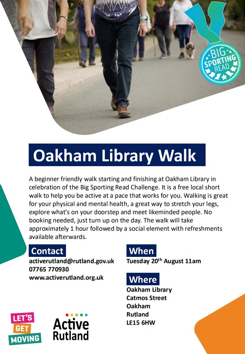 🚶‍♀️ Come and join us for a walk around Oakham next week setting off from Oakham Library. We've teamed up with Rutland Libraries as part of the Big Sporting Read Project. No need to book on, just turn up on the day. Hope to see you there! 🚶‍♀️
