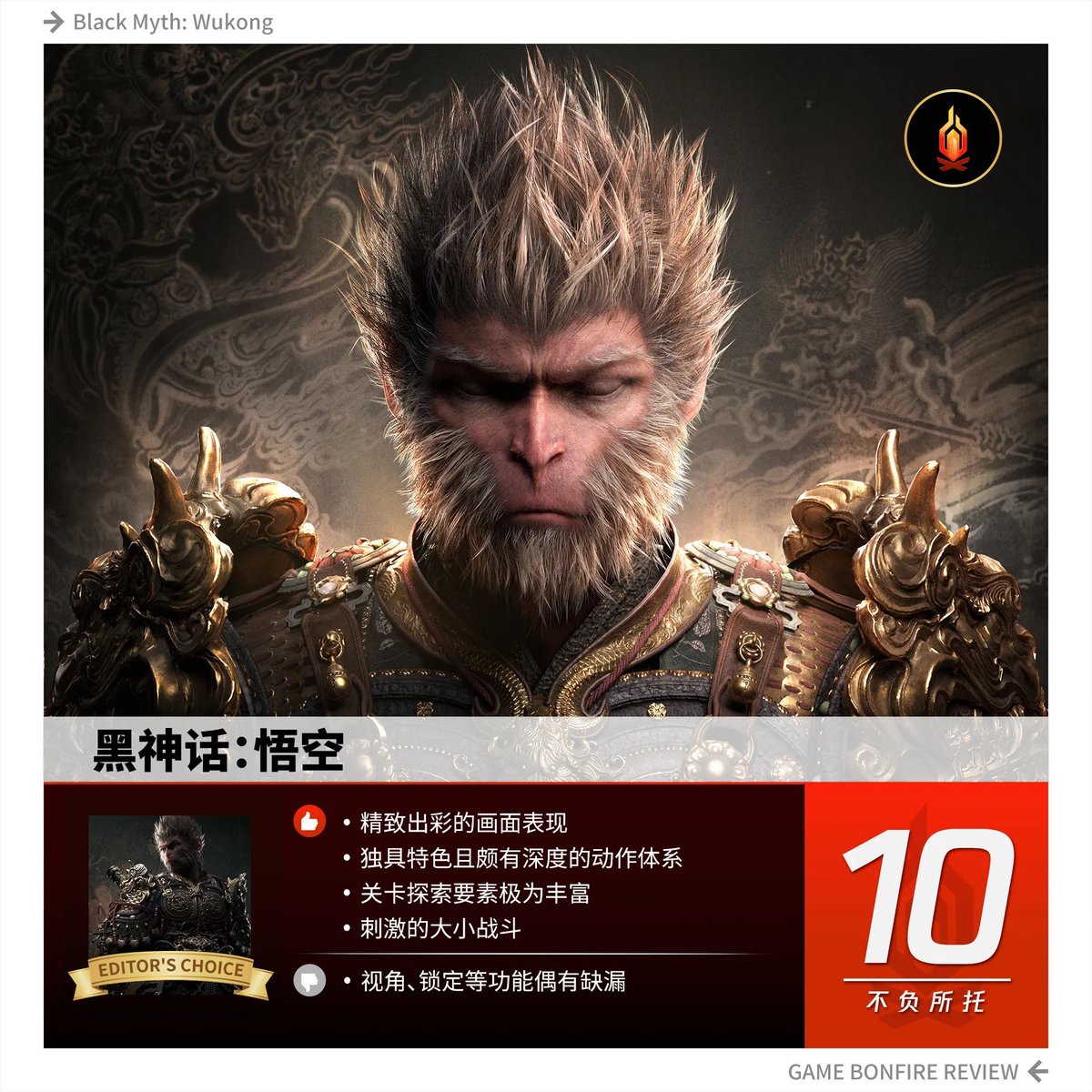 Snowcharles's tweet photo. 一战成名！篝火 &amp; IGN 中国双 10 分！《黑神话：悟空》是真正意义上放在全球市场也极具竞争力的国产游戏，我相信它会成为今年年度游戏的有力竞争者，而游戏科学也将在此役之后毫无疑问成为全球顶尖 ARPG 游戏开发商之一。

篝火评测：https://t.co/OiQMHZjR6L
IGN 评测：https://t.co/bST2J1GW4r https://t.co/AdCkfaysSt