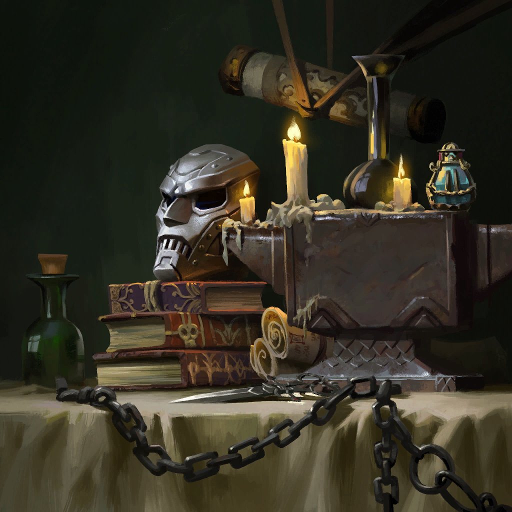 foeyeahboi's tweet photo. I can’t stop obsessing over this Fortnite doom art omg… i LOVE that they emphasize doom’s magical background with his witchy spell books and potions. it’s SO Disney evil queen of him https://t.co/txWgdHuD6B