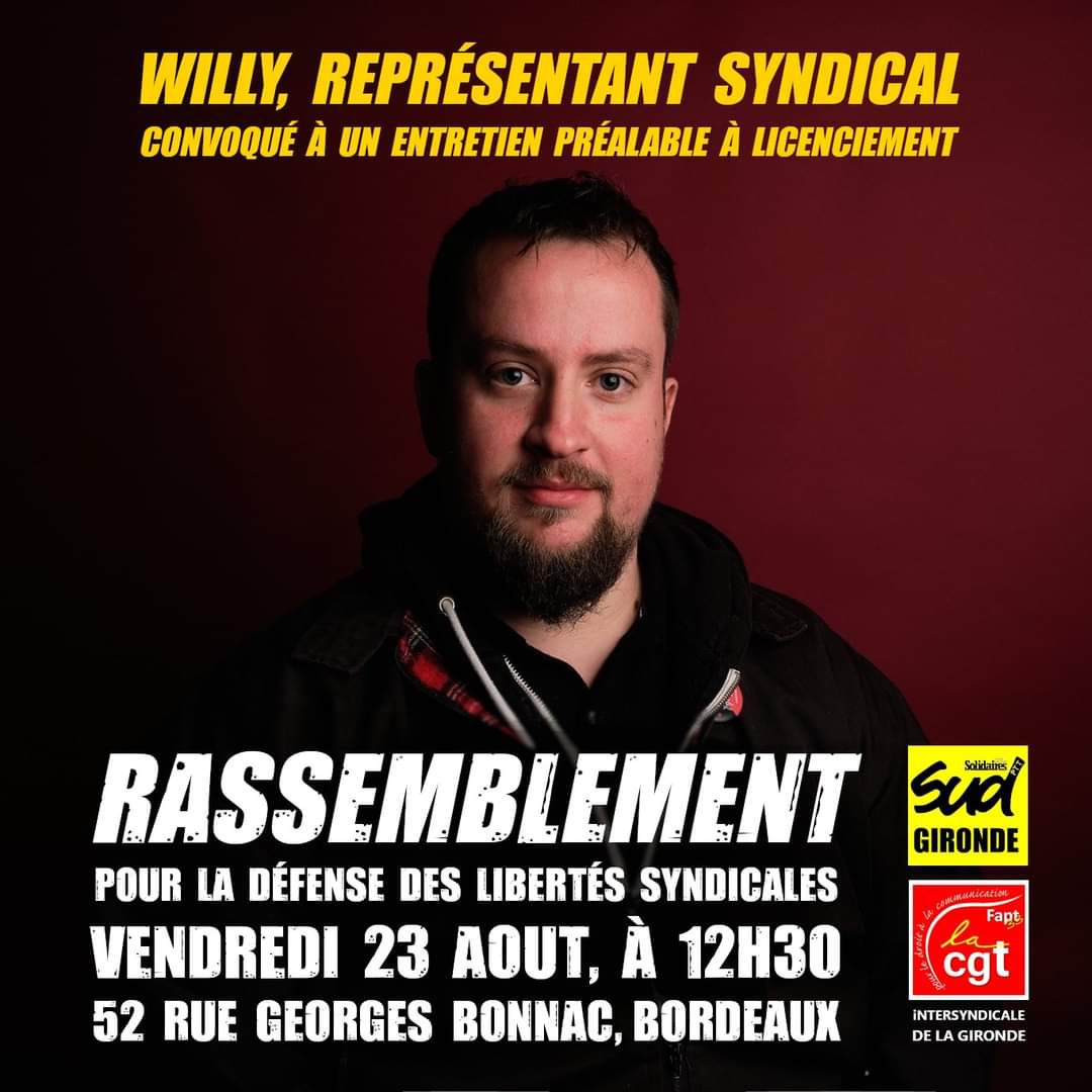 SolInfoGironde's tweet photo. 💥Rassemblement contre la répression syndicale à La Poste💥

Willy est à nouveau menacé pour pour ses activités syndicales.
En agissant ainsi, c'est tous les https://t.co/8EOU2cirPC.s qui s'organisent qu'ils attaquent. 
Montrons notre soutien ! 
💥 VENDREDI 23/08 A 12H30 https://t.co/XEnnJa77Lm